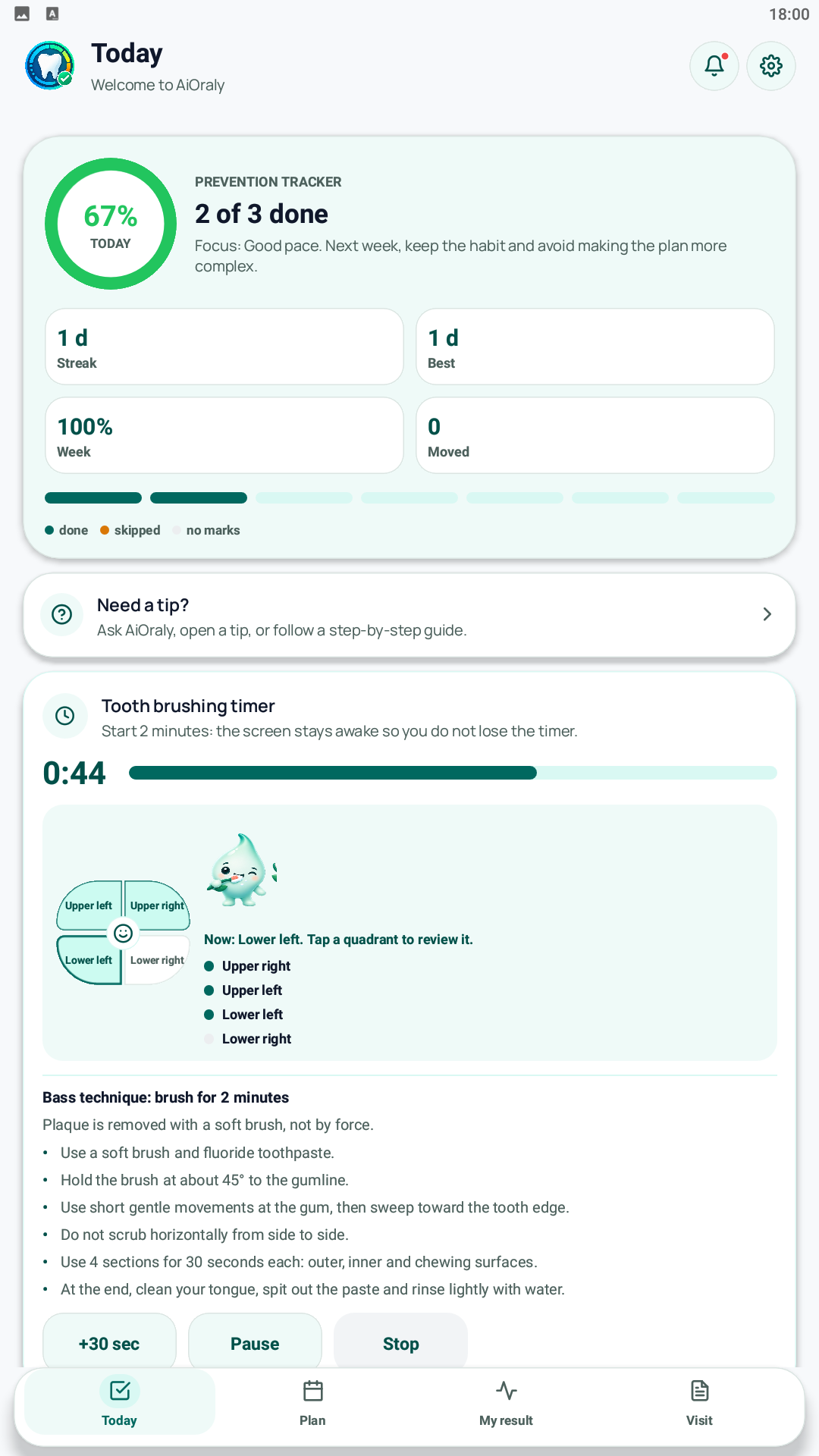 AiOraly Today tasks and brushing timer